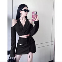 [Pass/ Thanh Lý] Set áo vest croptop hở vai kèm chân váy màu đen cá tính