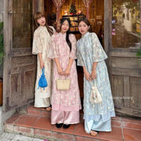 (Pass)Áo dài voan tơ BẠCH VŨ in hoa phối thắt nơ đôi kèm quần satin bóng vintage HAVANA