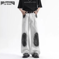 Paul FITZGERALD Quần jean trắng lưng cao mùa hè 2024 phong cách mới nhuộm dây buộc graffiti giảm béo quần ống rộng