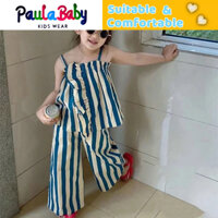 Paulababy Bộ áo ba lỗ sọc cho bé gái + quần 9 điểm Bộ quần áo mùa hè Trang phục trẻ em