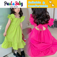 Paulababy Đầm Công Chúa Tay Ngắn Hở Lưng Đính Nơ Phong Cách Hàn Quốc Thời Trang Mùa Hè Cho Bé Gái Thời trang