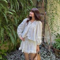 (PB.HAVANA) Áo babydoll dài tay viền hoa nổi phối dây buộc ulzzang AO454