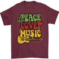 Peace Love Music Guitar Hippy Flower Power Áo thun nam 100% Cotton