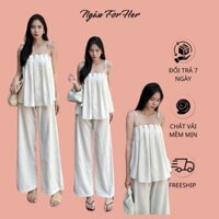 PEAL SET- Set Áo Hai Dây Quần Ống Suông Linen,Set Đồ Linen Mát, Set Áo Hai Dây Đính Ngọc Kèm Quần