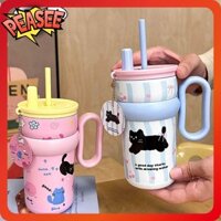 [Peasee] Cốc hút chân không, Cốc cách nhiệt bằng thép không gỉ có nắp Ống hút 316, Mùa đông 600ML có tay cầm Chai giữ nhiệt cho học sinh