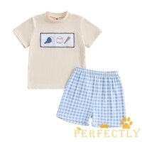 Pef-kids Bộ Trang Phục Mùa Hè Tay Ngắn Cổ Tròn Thêu Áo Thun Bóng Chày Có Kẻ Sọc Quần Short Bộ Quần Áo