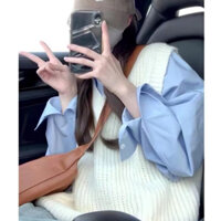 [PENNY Harper] Bộ Áo Sơ Mi Xanh Dương + Áo Vest Phong Cách Preppy Thời Trang