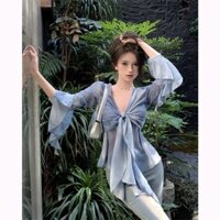 People Chic 2.18 Niche 5264 Tie-Dye Pháp Cổ Chữ V Cao Cấp Nữ Màu Xanh Xù Dài Tay Áo Sơ Mi Nhỏ