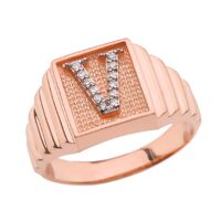 Personalized Men's 14k Rose Gold Layered Band Square Face Diamond Initial Letter"A-Z" Ring
