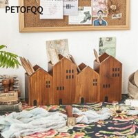 Petofqq 2 Cái / bộ Dụng Cụ Sắp Xếp Bàn Chải Trang Điểm, Hộp Bảo Quản Văn Phòng Phẩm Hình Nhà Đựng Bút, Máy Tính Để Bàn Gỗ Học Sinh