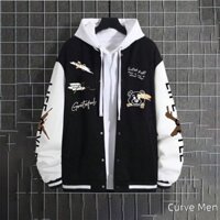 Pexb-men Áo khoác bóng chày dài tay Nút đóng chữ in hình gấu Màu sắc tương phản Varsity Áo khoác mùa thu Áo khoác thông thường