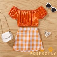 PFT-Children Girl Off Shoulder Set, Plaid Print Pleated Decoration Sweet Summer Clothing