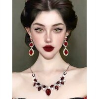 Pha Lê Ngắn Vòng Cổ Bộ Trang Sức Nữ Phóng Đại Ruby Mặt Dây Chuyền Bông Tai Xương Đòn Dây Chuyền Váy Cô Dâu Phụ Kiện 2.21