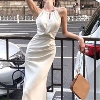 Pháp Acetate Satin Đầm Nữ Mùa Hè Tính Khí Thiết Kế Cảm Thấy Sinh Nhật Đầm Nhỏ Cổ Trắng Giấy Chứng Nhận Đầm Dạ Hội Cao Cấp Losaitin