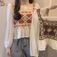 Pháp Cổ Vuông Ren Voan Nữ Áo Dài Tay Mùa Xuân Mới Nữ Ngắn Crop Top