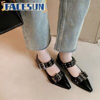 Pháp Mũi Nhọn Mary Jane Giày Retro Chunky Gót Giày Nữ Xuân Hè Mùa Thu Giày Da sành điệu