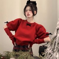 Pháp Ngọt Ngào Phong Cách Nhẹ Nhàng Nơ Áo Len Tay Màu Đỏ Nữ Thu Đông Phù Hợp Với Ngọt Cay Áo Len Ngắn Siêu Cổ Tích