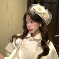 Pháp Phong Cách Retro Nơ Trắng Lưới Len Mũ Nồi Nữ Hepburn Phong Cách Thanh Lịch Sang Trọng Mũ Đội Đầu