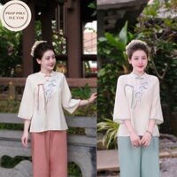 Pháp phục cho nữ cổ tàu thêu quạt vải đũi thái Đồ bộ lễ chùa phối dây nơ cách điệu Set đồ lam nữ tay lỡ đũi mềm