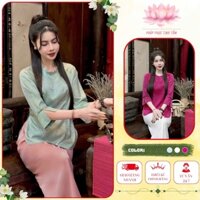 Pháp phục đi chùa lụa vân mây cổ tròn đính ngọc lụa gấm cao cấp- Pháp Phục Tịnh Tâm