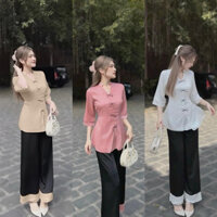 Pháp  phục Đồ lam đi chùa đi lễ, set áo bà ba chất tuyết nhung mịn cổ tàu nút nơ phối quần dài ống viền cực thanh lịch