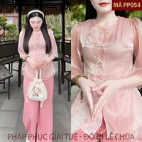 Pháp Phục Lễ Chùa Cho Nữ, Mã Voan Khuy Nơ, Chất Liệu Áo Voan Ánh Xước & Quần Lụa Vân, Bộ Lễ Phục Đi Chùa (PP054 Hồng)