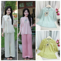 Pháp Phục Lễ Chùa Nữ - Bộ Đồ Lam Đi Chùa Voan Tơ Thêu Quạt Phối Ren, Chất Liêu Áo Vải Chính Voan Tơ Óng Lót Habutai #3