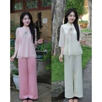 Pháp Phục Lễ Chùa Nữ Voan Tơ Thêu Quạt Phối Ren, Chất Liêu Áo Vải Chính Voan Tơ Óng Lót Habutai Quần Lụa Vân #PPTN