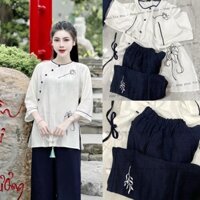 Pháp phục TÂM THẢO vải đũi cotton Nhật không co dãn - thêu hoa áo và quần (tặng chuỗi vòng tay gỗ) có bigsize 76kg