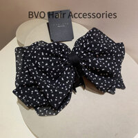 Pháp Retro Chấm Bi Đen Voan Drap Nơ Lớn Lấy Kẹp Nửa Tóc Thấp Đuôi Ngựa Kẹp Tóc Phụ Kiện Tóc