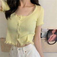 Pháp Retro Cô Gái Mềm Mại Sáp Ren Cổ Tròn Áo Len Cao Cấp Ngắn Tay Áo Thun Top 1.14
