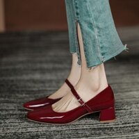 Pháp Retro Flat Buckle Strap Giày Nêm PU Mũi Nhọn Nông Miệng Chống Trơn Trượt Cao Cấp Nữ Giữa Gót Giày Da Nhỏ