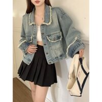 Pháp Retro Viền Denim Áo Khoác Nữ Phong Cách Mới Ngắn Rời Áo Khoác Dài Tay Top