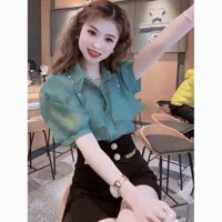 Pháp Thời Trang Phong Cách Phương Tây Đính Hạt Cổ Áo Sơ Mi Tay Ngắn Nữ Mùa Hè Phong Cách Mới Ngọt Ngào Giảm Tuổi Tay Phồng Top Hợp Thời Trang