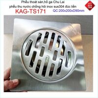 Phễu thoát sàn Chu Lai 20x20cm KAG-TS171-D90, Hố ga thoát sàn ống 9cm SUS304 inox đúc dày thoát nhanh chặn tóc tốt