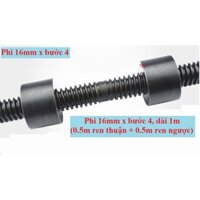 Phi 16mm, dài 1m. Vít me T screw thép T16 bước 4 (thanh ren T16x4 dài 1 m gồm 0.5m ren thuận - 0.5m ren ngược) cao cấp