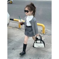 Phiên Bản Hàn Quốc Bé Gái 2025 Mùa Xuân Phong Cách Mới Màu Xám Mỏng Dệt Kim Cardigan Áo Khoác Bé Gái Màu Xám Nửa Váy Phù Hợp Với Hợp Thời Trang