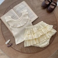 Phiên Bản Hàn Quốc Bộ Đồ Hai Mảnh Cho Trẻ Sơ Sinh Mùa Hè Dây Lưng Không Tay Lá Sen Cổ Áo Nữ Bé Trăm Trang Công Chúa Hai Lớp
