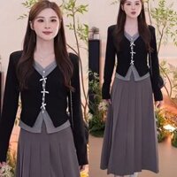 Phiên bản Hàn Quốc Bộ đồ thời trang cổ điển Quần áo nữ Khâu màu tương phản Áo len dệt kim dài tay cổ chữ V + Váy chữ A dài eo cao