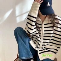 Phiên Bản Hàn Quốc Cổ Đứng Dây Kéo Đôi Sọc Thời Trang Dày Mềm Mại Sáp Dệt Kim Áo Cardigan Đôi Túi Áo Len Áo Khoác
