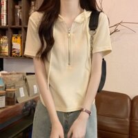 Phiên Bản Hàn Quốc Có Mũ Trùm Đầu Dây Kéo Áo Thun Tay Ngắn Sang Trọng Khe Bên Mỏng-Fit Áo Ngắn