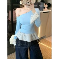 Phiên bản Hàn Quốc của áo thun dài tay chấm bi màu xanh chấm bi quần áo nữ