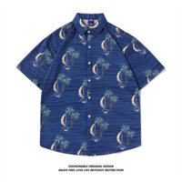 Phiên bản Hàn Quốc của cây dừa hoa văn chèo thuyền thời trang giản dị retro Hawaii nam mùa hè dáng rộng áo sơ mi ngắn tay