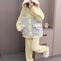 Phiên bản Hàn Quốc của Chăn hoạt hình Gấu Mùa đông Flannel mới Làm dày Bộ đồ ngủ san hô dễ thương Bộ đồ mặc nhà dành cho nữ [BL]