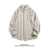 Phiên bản Hàn Quốc của mẫu sọc dọc dáng rộng cổ đứng giản dị áo sơ mi nam dài tay mùa thu