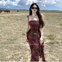 Phiên Bản Hàn Quốc Du Lịch Giải Trí Kỳ Nghỉ Kẻ Sọc Đỏ Ống Top Váy Dài Nữ Slim-fit Cổ Một Dòng Không Tay Mid-Le