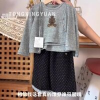 Phiên Bản Hàn Quốc Gấu Dễ Thương Áo Cardigan Hai Mảnh Thu Đông Phong Cách Mới Thời Trang Chấm Bi Quần Ống Rộng Thời Trang Hợp Thời Trang
