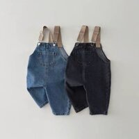 Phiên bản Hàn Quốc ins Quần yếm khóa màu Nam Nữ Quần yếm bé Xuân Thu Phong cách Quần jean màu trơn phù hợp