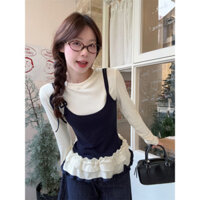 Phiên bản Hàn Quốc kỳ nghỉ chống lão hóa phong cách ngọt ngào hai áo thun dài tay