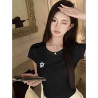 Phiên Bản Hàn Quốc Niche Ngực Thêu Áo Thun Ngắn Tay Nữ Xuân Hè Mỏng Phong Cách Rời Giảm Tuổi Sli